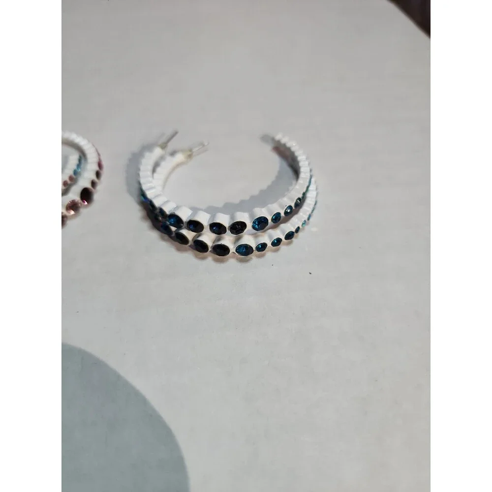 Retro White Enamel Hoop Earrings with Vibrant Blue & Purple Crystals – Set of 2